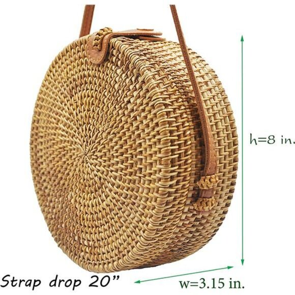 Handwoven Round Rattan Bag Made In Vietnam, Real Leather Adjustable Strap Bag - Picture 3 of 6